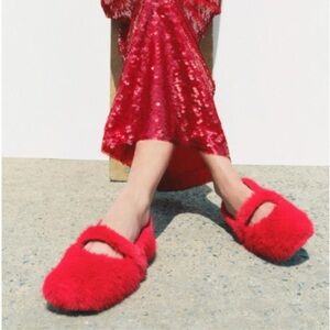 Zara Red Fuzzy Flats NEW
